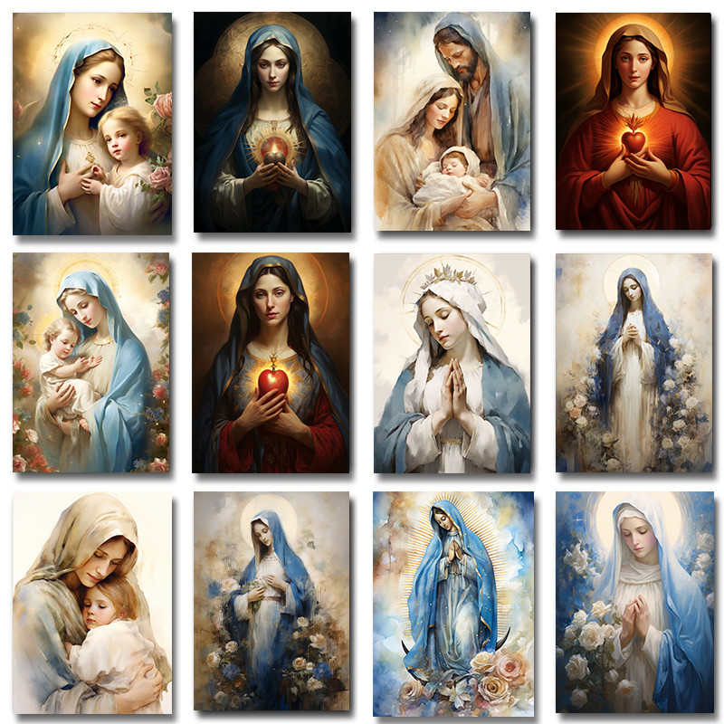 

Watercolor Art Blessed Virgin Mary Heart Poster Print Jesus Bible Christian Faith Canvas Painting for Living Room Home Decor