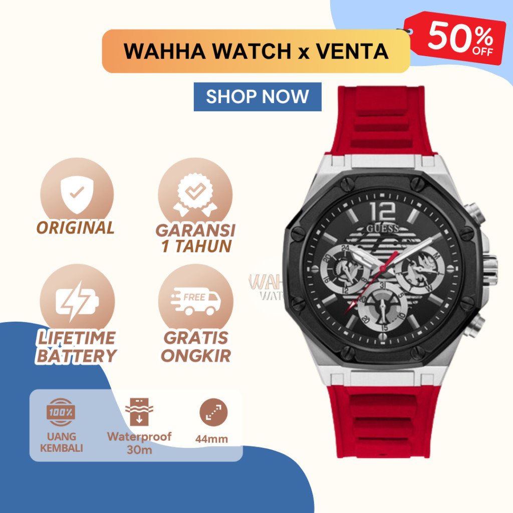 Jam Tangan Analog Guess Pria GW0263G3 Momentum Black Sunray Dial Red Silicone Strap [BERGARANSI]