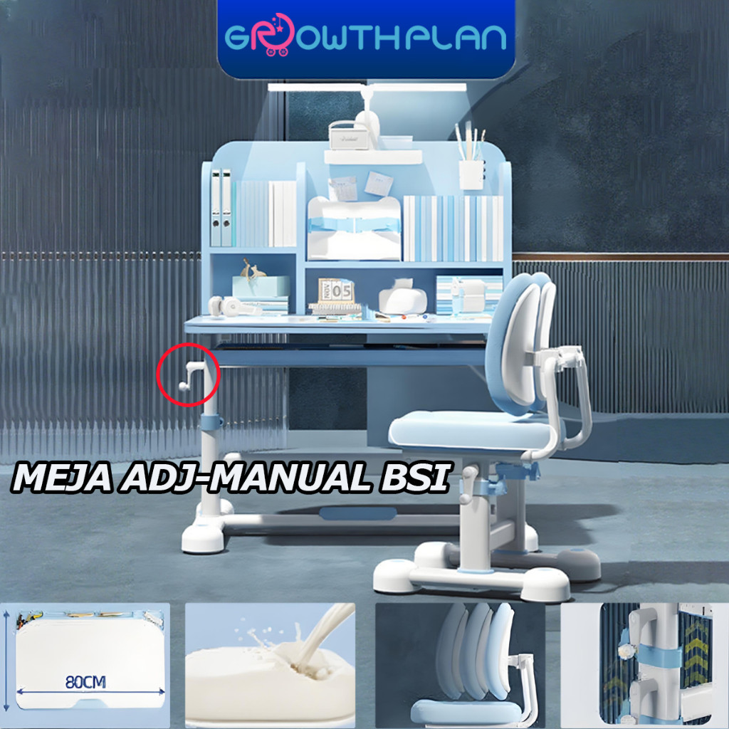 MEJA BELAJAR ANAK + KURSI | PENGGERAK PUTAR ANTI BUNGKUK