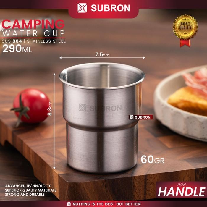 SUBRON Gelas Mini  Camping Outdoor Dengan Pegangan Lipat Handle Kayu 290ml Stainless SUS 304 - TANPA