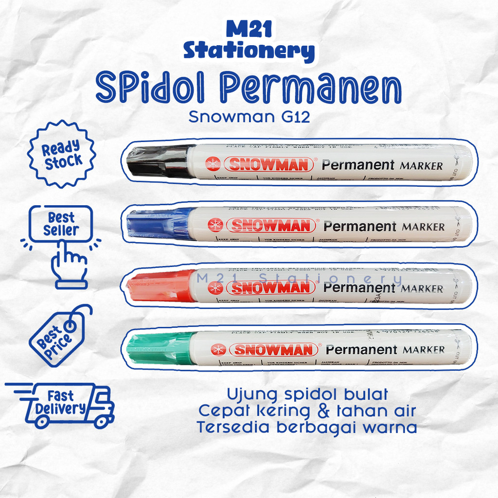 

SPIDOL PERMANEN SNOWMAN G12 / ORIGINAL WARNA TINTA HITAM BIRU MERAH HIJAU MARKER PERMANENT TAHAN AIR