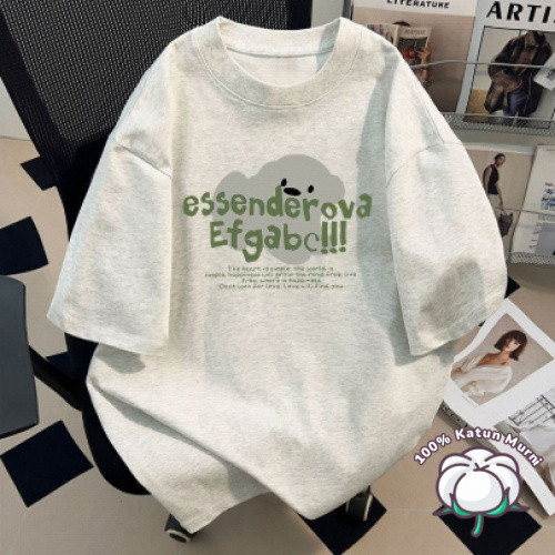 [Awan Tulisan Inggris Percetakan 100% Katun]Kaos Santai Leher Bulat Oversize Nyaman Gaya Korea COD