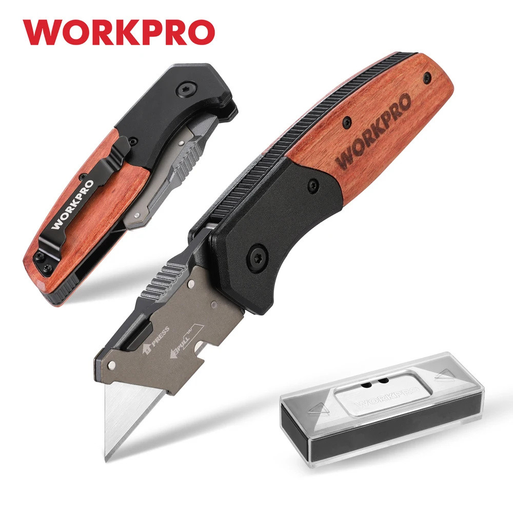

WORKPRO Utility Heavy Duty Folding Knife Wooden Handle Quick Release with Extra 10 Blades for Paper Cutter DIY Hand Tools