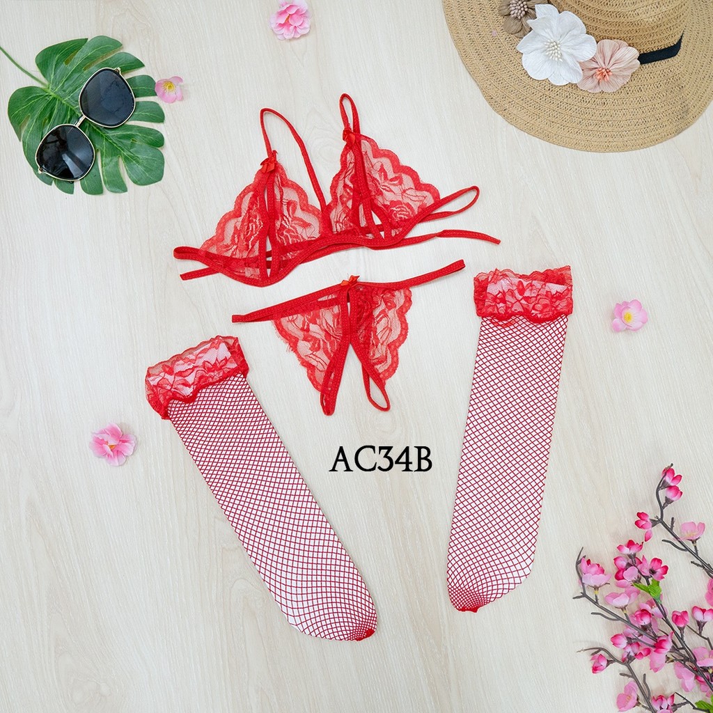 G String Bra Set Underwear Wanita + Stocking Sexy Lace Merah AC34B