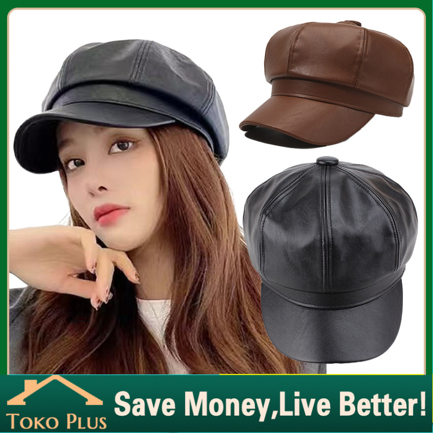 Topi Beret Oktagonal Bahan Kulit Pu Gaya Retro Inggris Untuk Wanita / Leather Hat / Topi Beret Manga