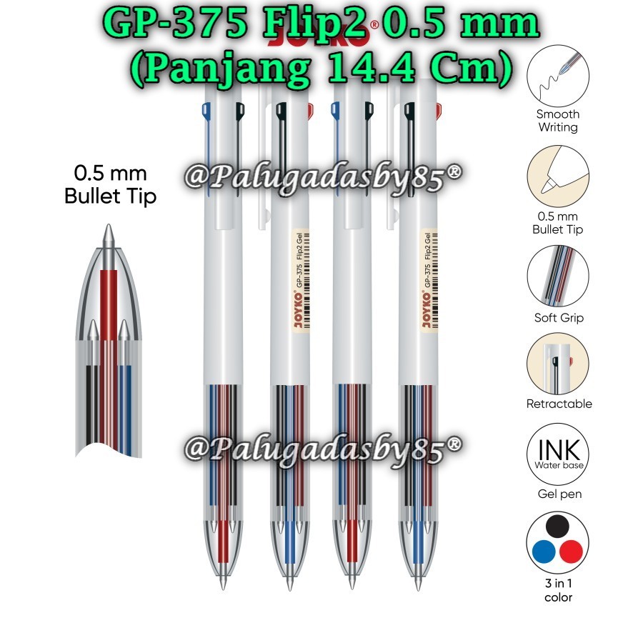 

(1 Pak/12) Gel Pen JOYKO GP-375 Flip2 Gel 0.5 mm 3 In 1 Color / Pulpen Pena Joyko GP-375 (Pak/12)