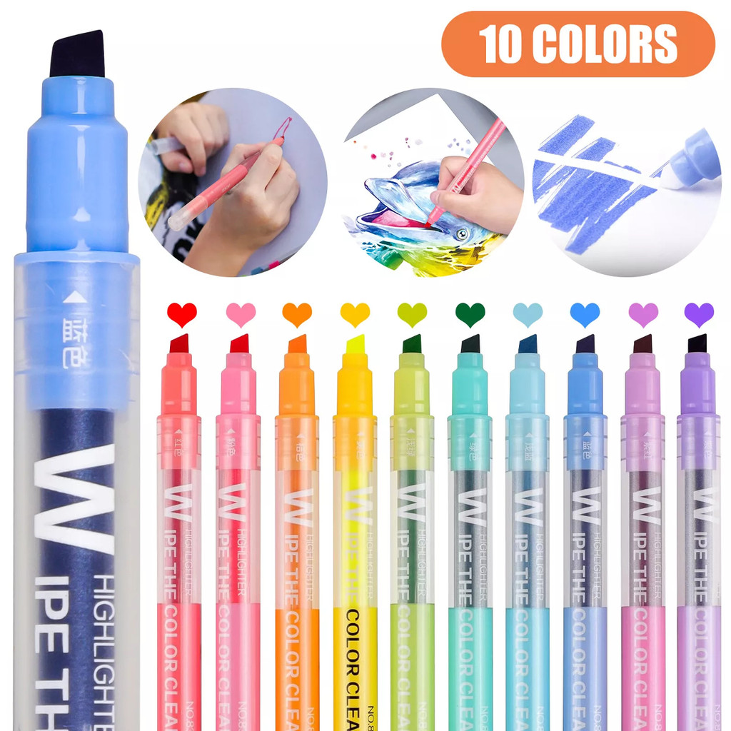 

10 Colors Dual Tip Erasable Highlighters,Assorted Colors, Chisel Tip Highlighter Markers,Smooth Writing Book Journaling
