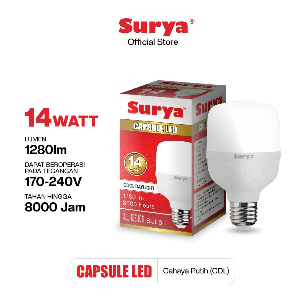 Surya Lampu Bohlam LED Capsule 14 Watt Cahaya Putih