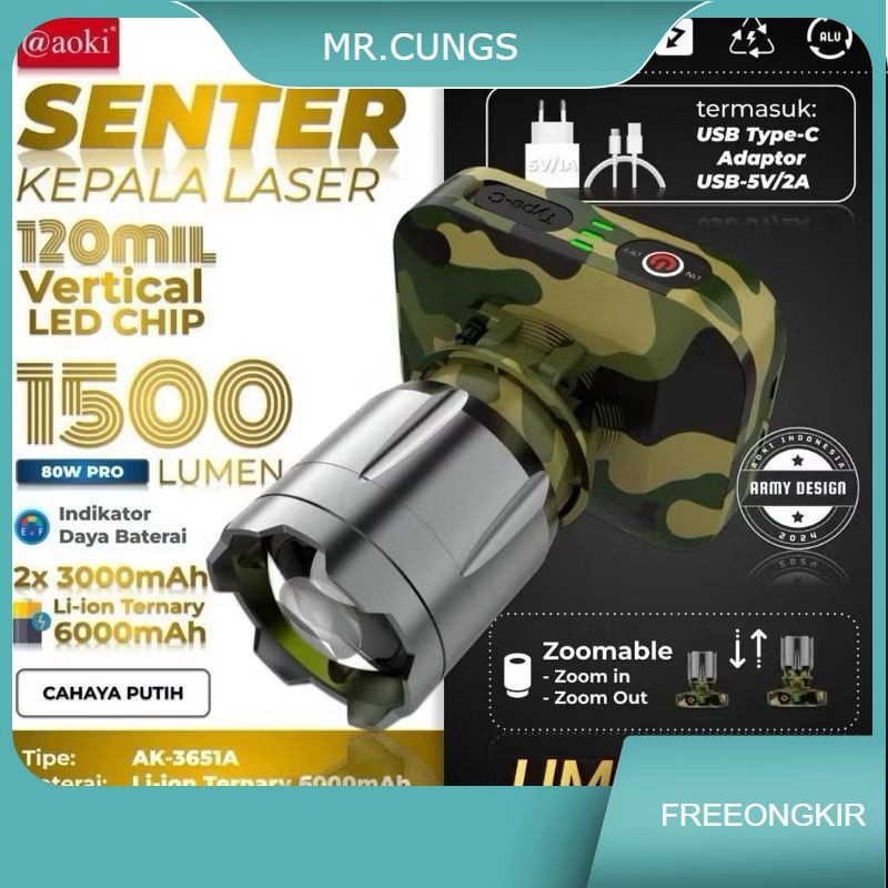 AOKI 3651 Senter Kepala LED Zoom Laser 80 Watt 1500 Lumen Aoki AK-3651A/AK-3652K Army PRO Cahaya Put