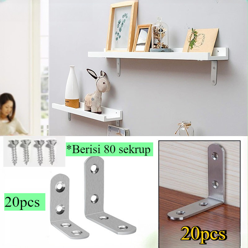 20pcs+80 sekrup Plat Siku L Besi Plat Ambalan Stainless/Siku Rak Plat Siku L/Steel Bracket Siku Peny