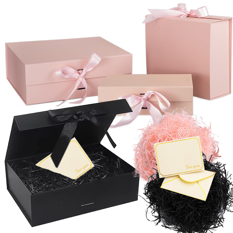 

Magnetic Gift Box Kit with Lafite Grass and Greeting Cards Black / Pink Holiday Party Gifts Folding Box TMZ