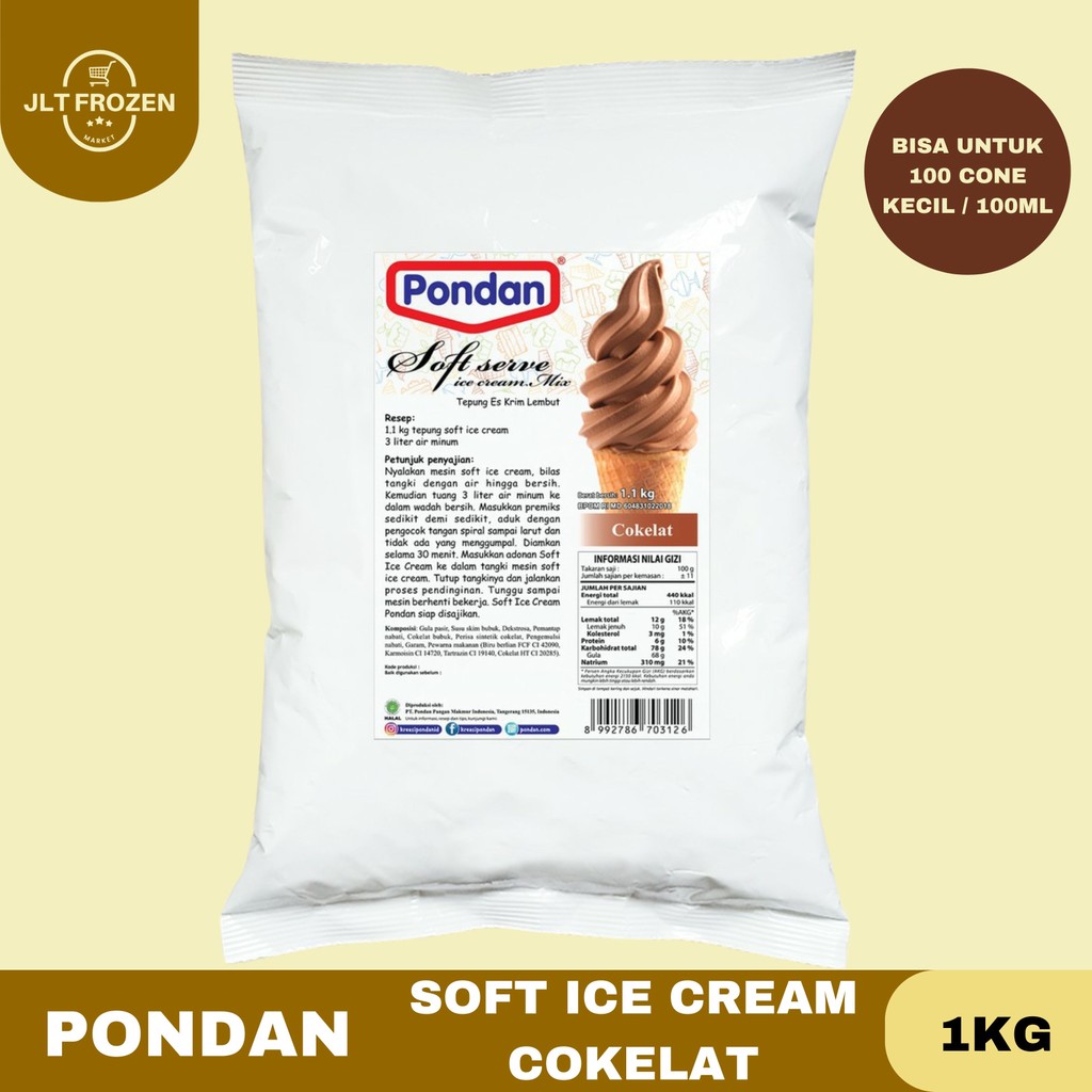 Pondan Soft Serve Ice Cream 1Kg Powder Eskrim Rasa Cokelat / Pondan Premix Es Krim Cone Coklat