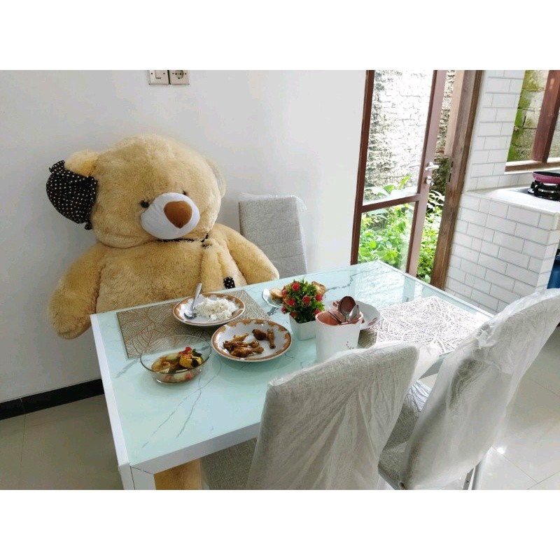 Meja Makan Kaca Motif Marmer Kaki Besi