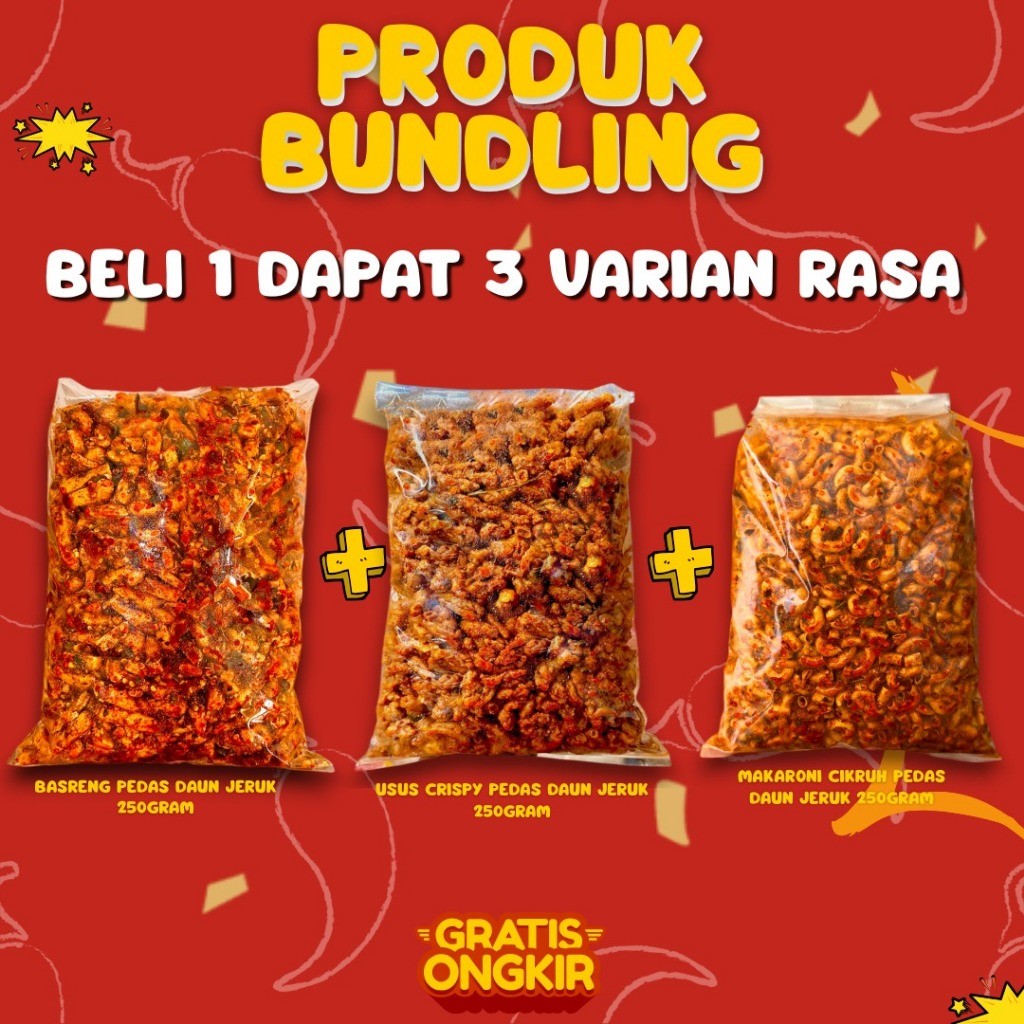 

Bundling Beli 1 Dapat 3 Basreng Pedas 250gr & Usus Pedas 250gr & Makaroni Pedas 250gr Bumbu Cikruh Gratis Ongkir