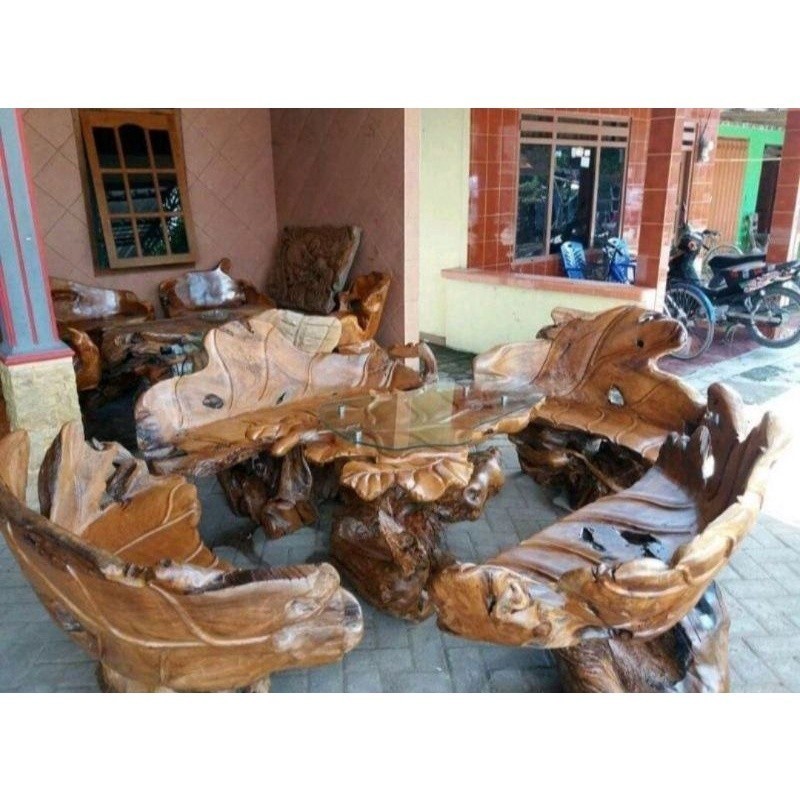 set meja tamu akar jati / meja jati desain daun / meja kursi jati antik