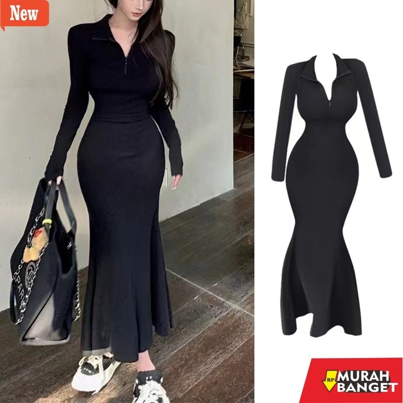 dress wanita kekinian Rekomendas dress hitam panjang wanita rok fishtail gaya korea hepburn casual d