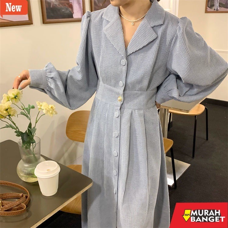 dress wanita kekinian Versi Korea Gaun korduroi Prancis lengan panjang setelan retro kerah pinggang 