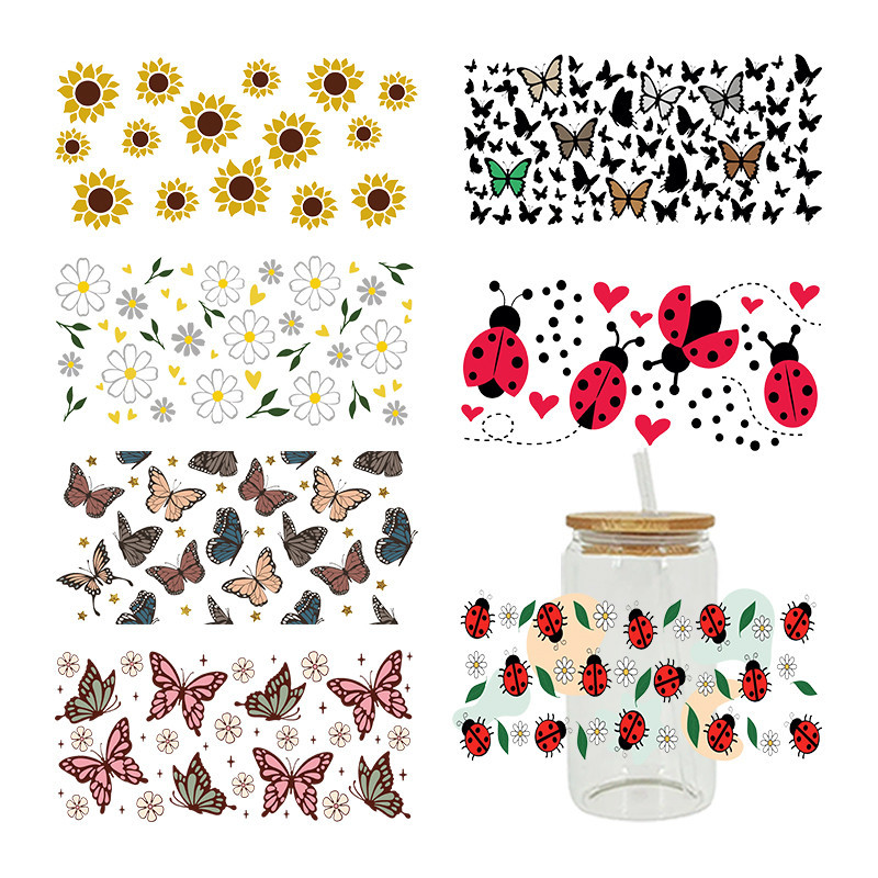 

UV DTF Transfer Sticker Insects flowers For The 16oz Libbey Glasses Wraps Bottles Cup Can DIY Waterproof Custom Decals D8287