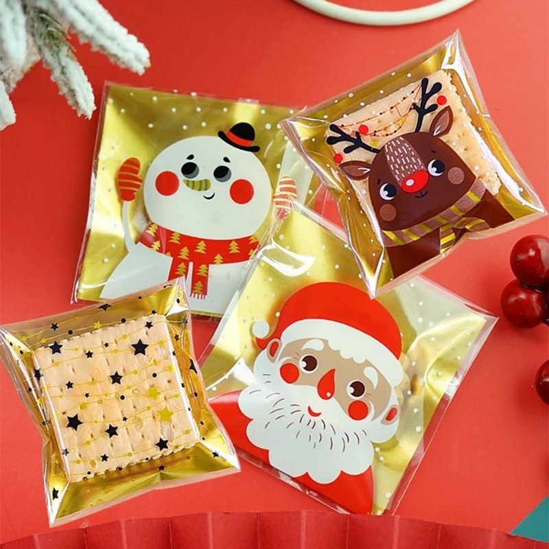 

100PCS Christmas Candy Bags Carton Santa/Snowman/Deer Cookie Packaging Bags For Navidad DIY Snack Baking Packaging Supplies