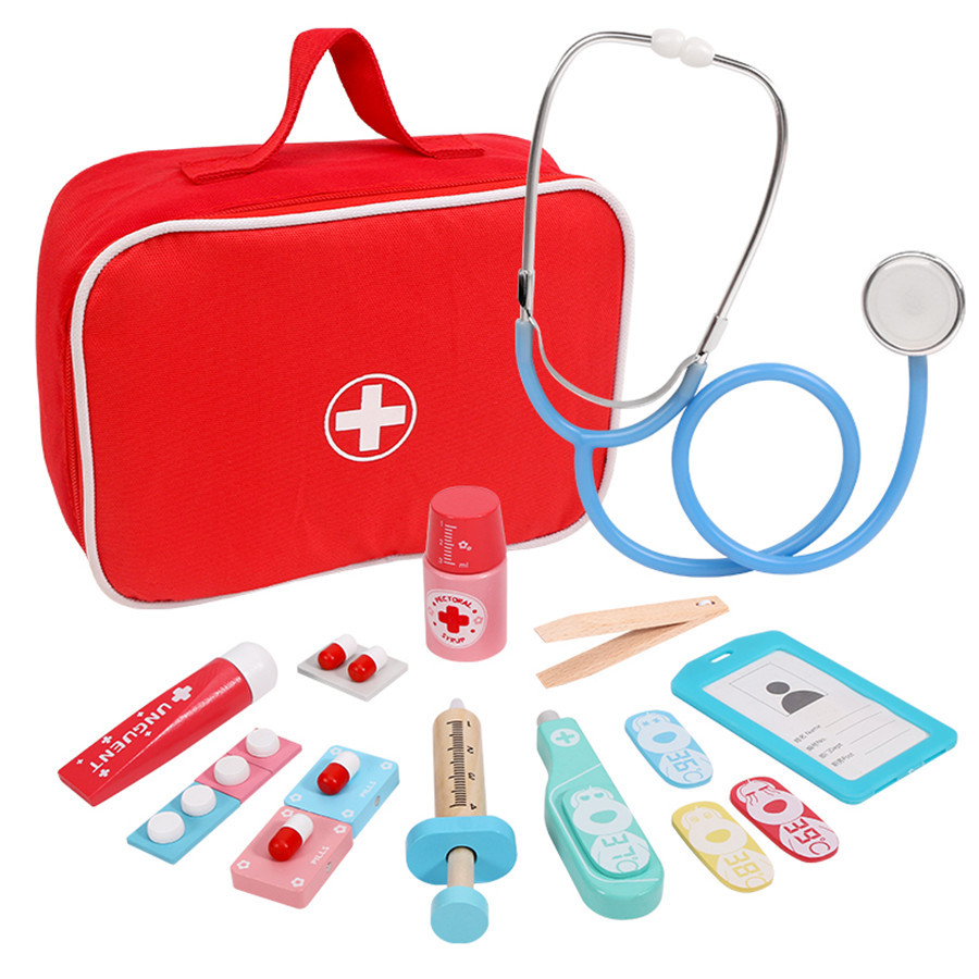 Doctor Role Play Set,Wooden Toys Doctor's Kit Play Set Incl. Syringe, Stethoscope, Thermometer and M