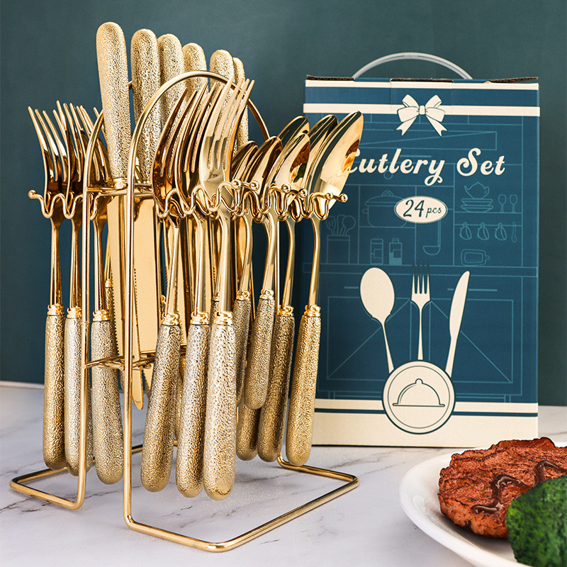 

24 Pcs Stainless Steel Cutlery Hammer Pattern Ceramic Handle Knife Fork Spoon Set cutlery set travel cutlery set flatware set