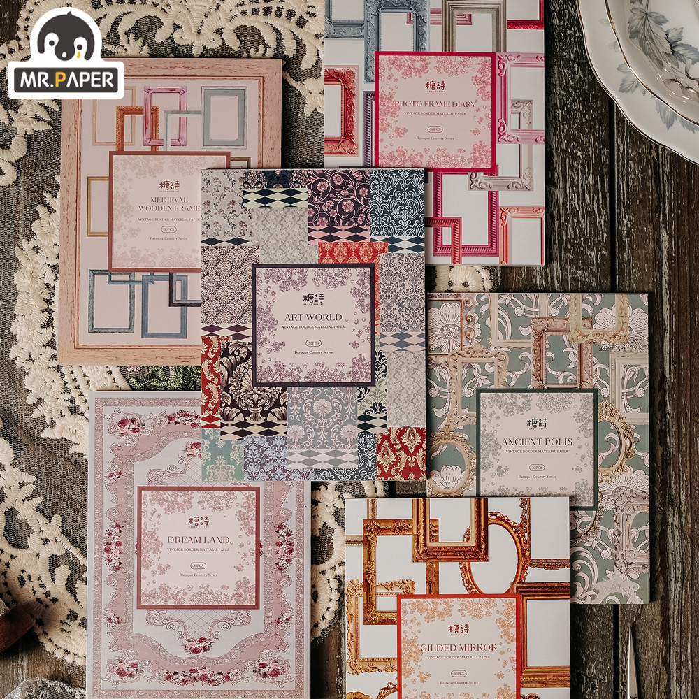 

Mr. Paper Vintage Floral Handbook Material Paper European Style Frame Pattern Decorative Base Cardstock Paper 30pcs/book