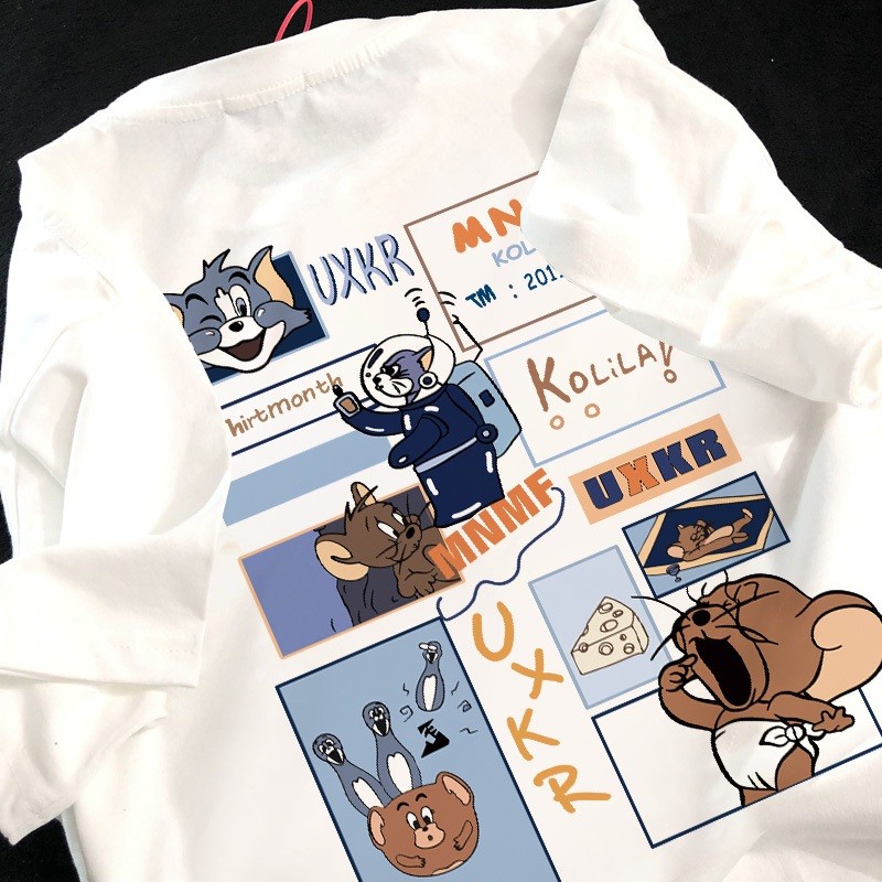 Kaos Pria Distro,Baju Kaos Distro  Pria Cetak Tom dan Jerry T Shirt Vintage Cream Crewneck Jumbo Pri