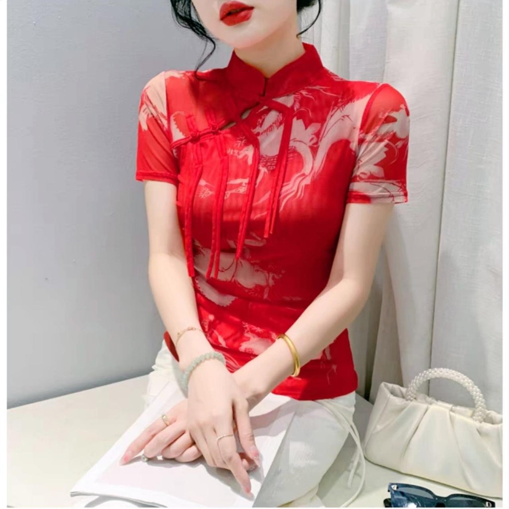 CNY Cheongsam Naga Blouse Atasan Merah Premium Wanita TM 0229