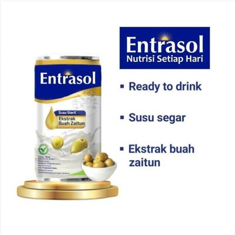 

Entrasol 180ml can susu streril kaleng dengan extrak buah zaitun