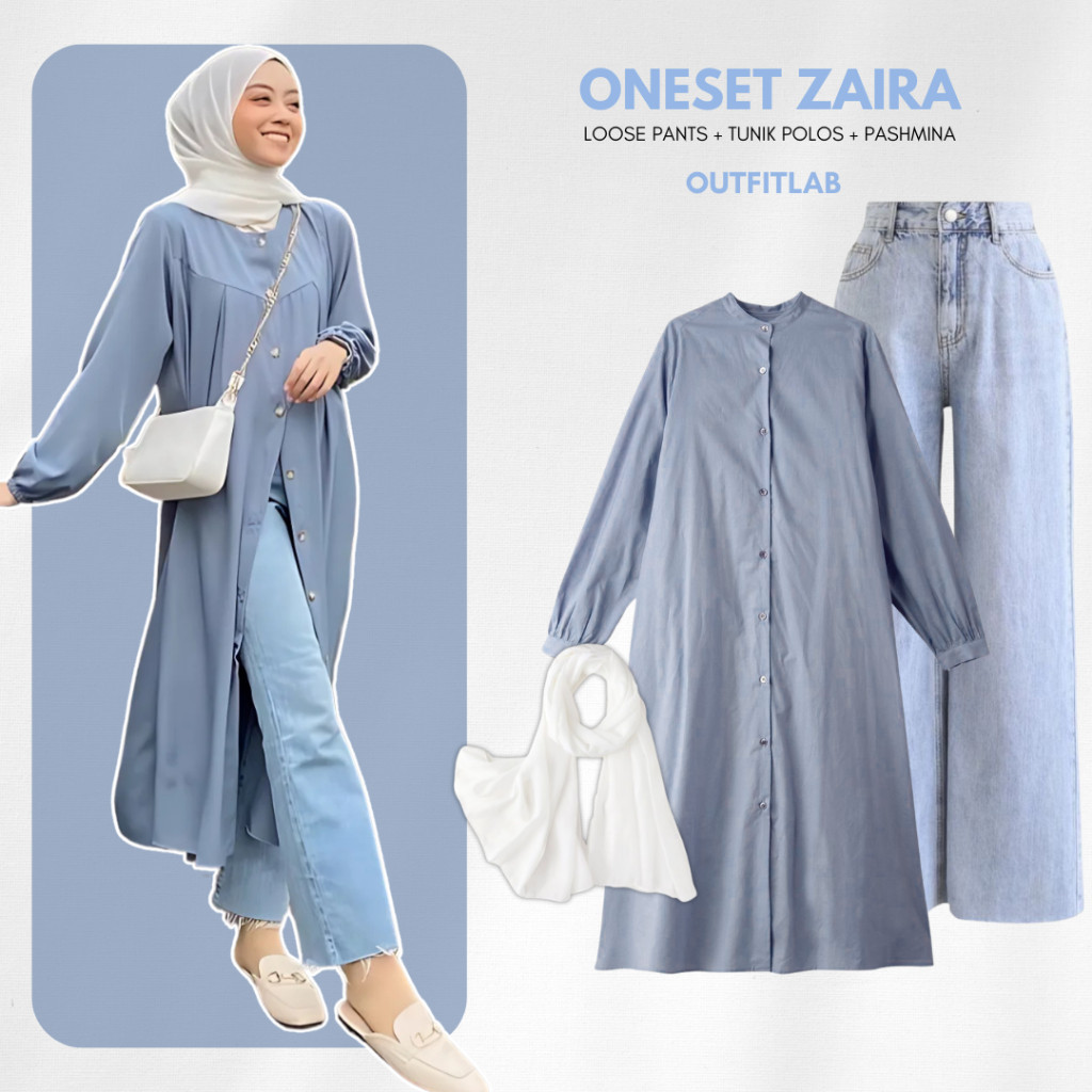 Zaira Outfit Set Wanita Hijab Setelan Bukber (Celana Denim+Tunik+Pashmina) One set Muslim Lebaran