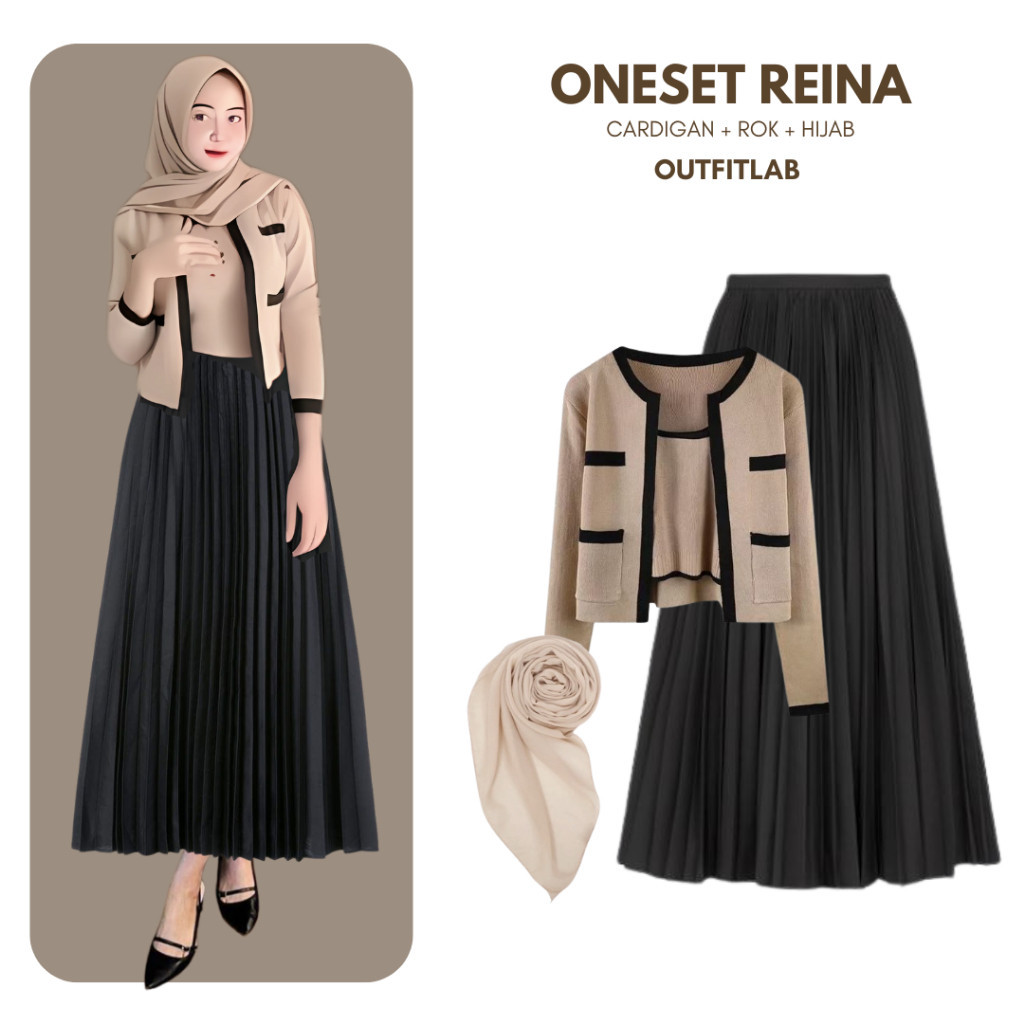 Outfit Set Reina Setelan Hangout ( Cardigan + Rok + Hijab ) OneSet Kampus OOTD Hijab Remaja Kekinian