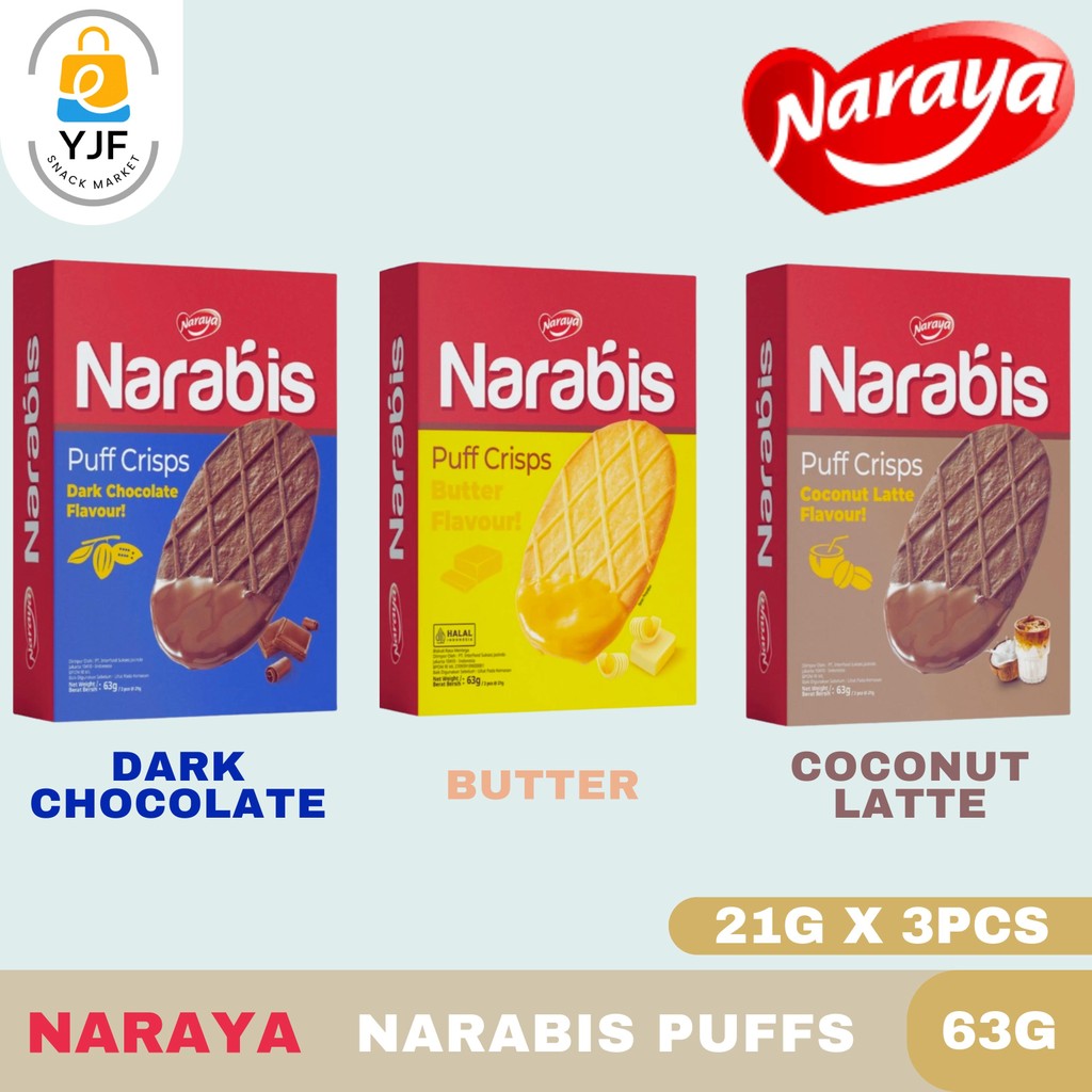 

Naraya Narabis Puff 21g -1BOX/3PCS [63G] / Puff Crips / Butter / Coconut Latte / Chocolatte / Biskuit / Cookies / Snack Import