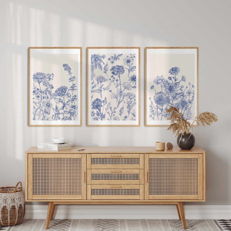 

Blue Botanical Chinoiserie Poster Minimalist Floral 3 Pieces Canvas Painting Modern Wall Art Picture for Living Room Home Decor