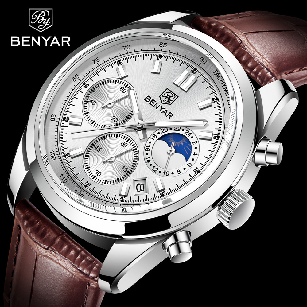 BENYAR New Men Watch 30ATM Waterproof Stainless Steel Quartz Wristwatches Luxury Leather Military Ch