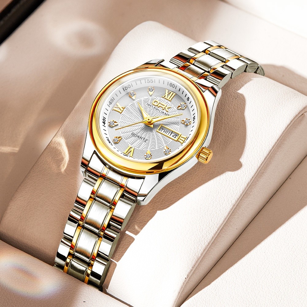 OPK Jam Tangan Wanita Anti Air Original Stainless Steel Kalender Luminous Emas Women Watch Model 810