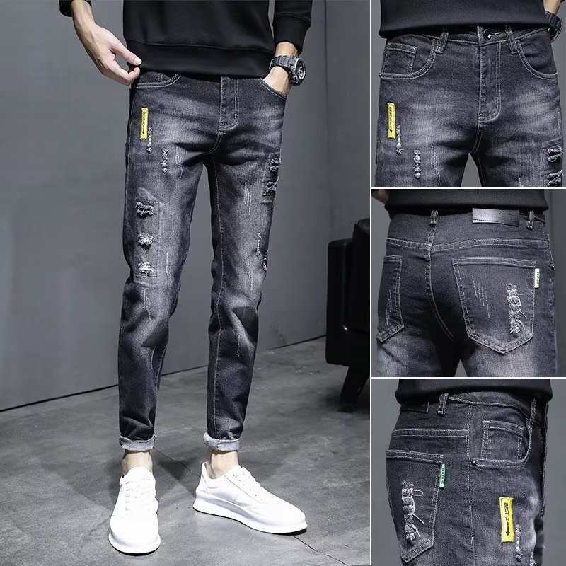 Celana Jeans Pria Sobek Korean Style | Slim Fit Hitam | Modis & Nyaman, Cocok untuk Santai & Hangout