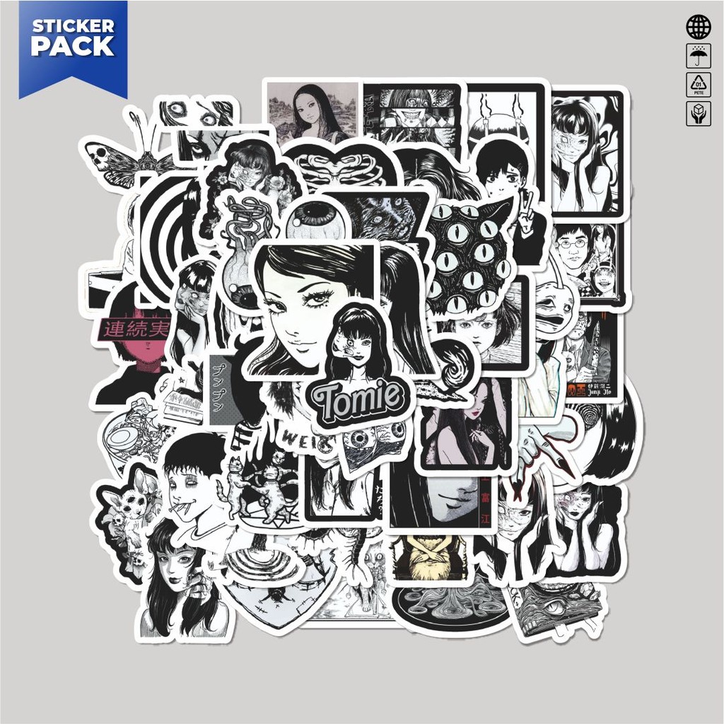 

[100PCS]Stiker Pack Stiker HItam Putih Junji Ito Classical Aesthetic Vinyl Anti Air Dekorasi Sticker Laptop Buku Journal Koper Helm Casing HP Gitar Helm Skateboard