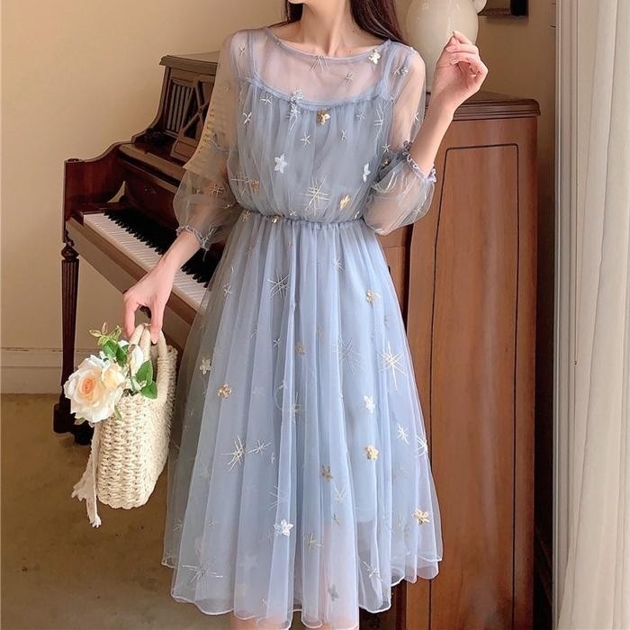 Midi Dress Sparkly Stars Tille Elegant Flowy Classy Pastel Korean SSB - Blue