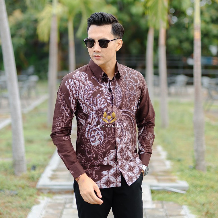 PEKSI COKLAT MAHOGANY baju batik pria lengan panjang slimfit modern