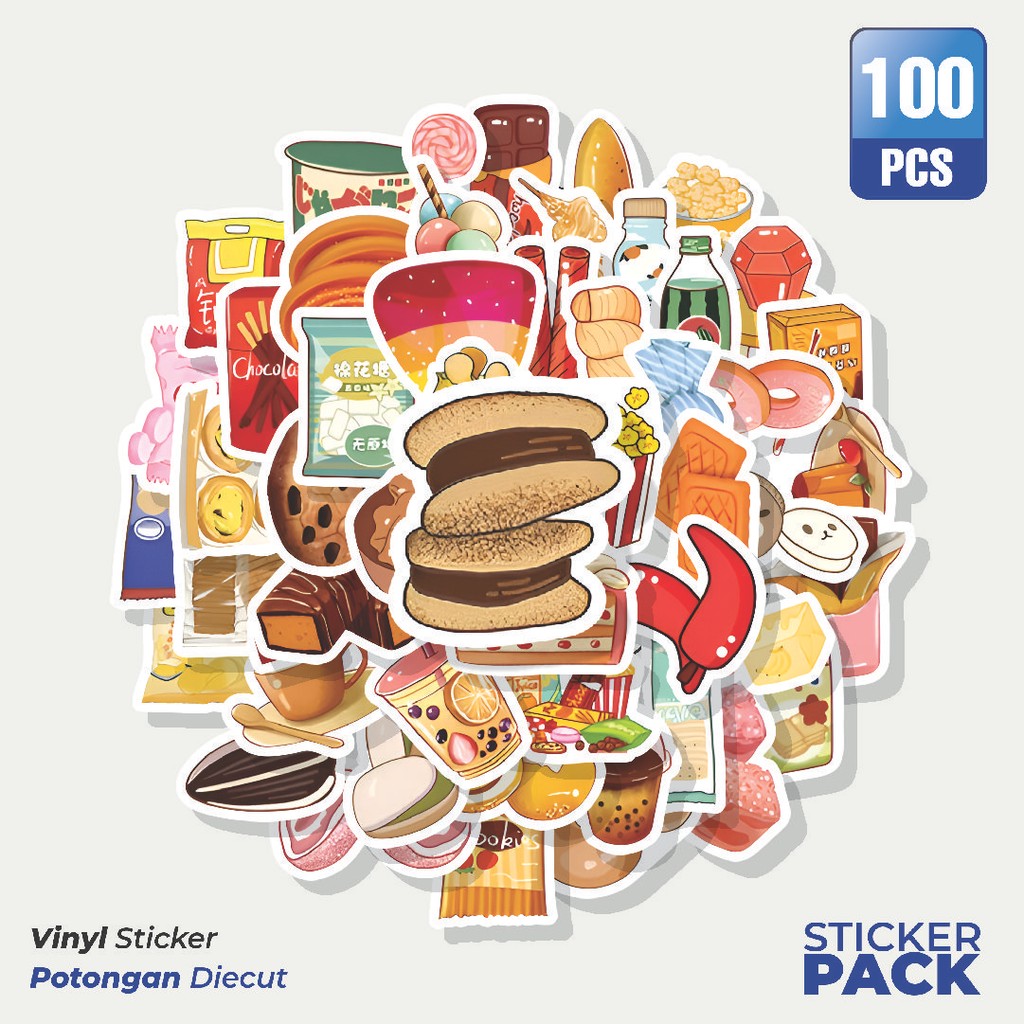 

Super Hemat! 100 PCS Stiker Cemilan Makanan Santai Waterproof Aesthetic- Untuk Laptop, Motor, dan Helm - Paper Stationery Pack