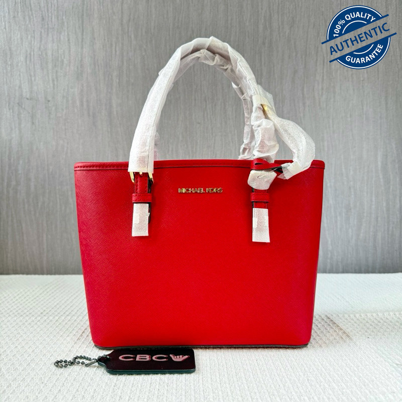 (READY) MK Jet Set Travel Extra-Small Carryall Logo Zip Tote Bag Bright Red