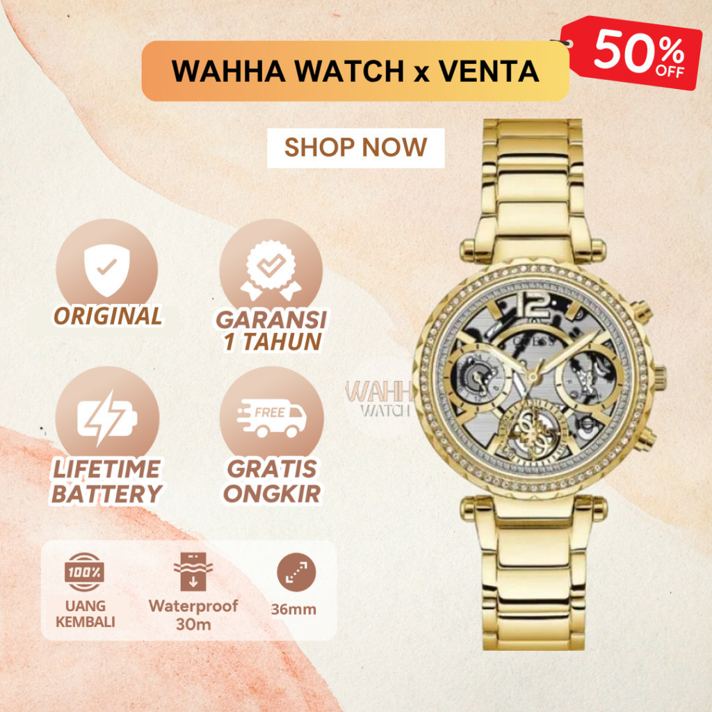 Jam Tangan Analog Guess Wanita Guess Solstice GW0403L2 Skeleton Dial Gold Stainless Steel Strap [BER