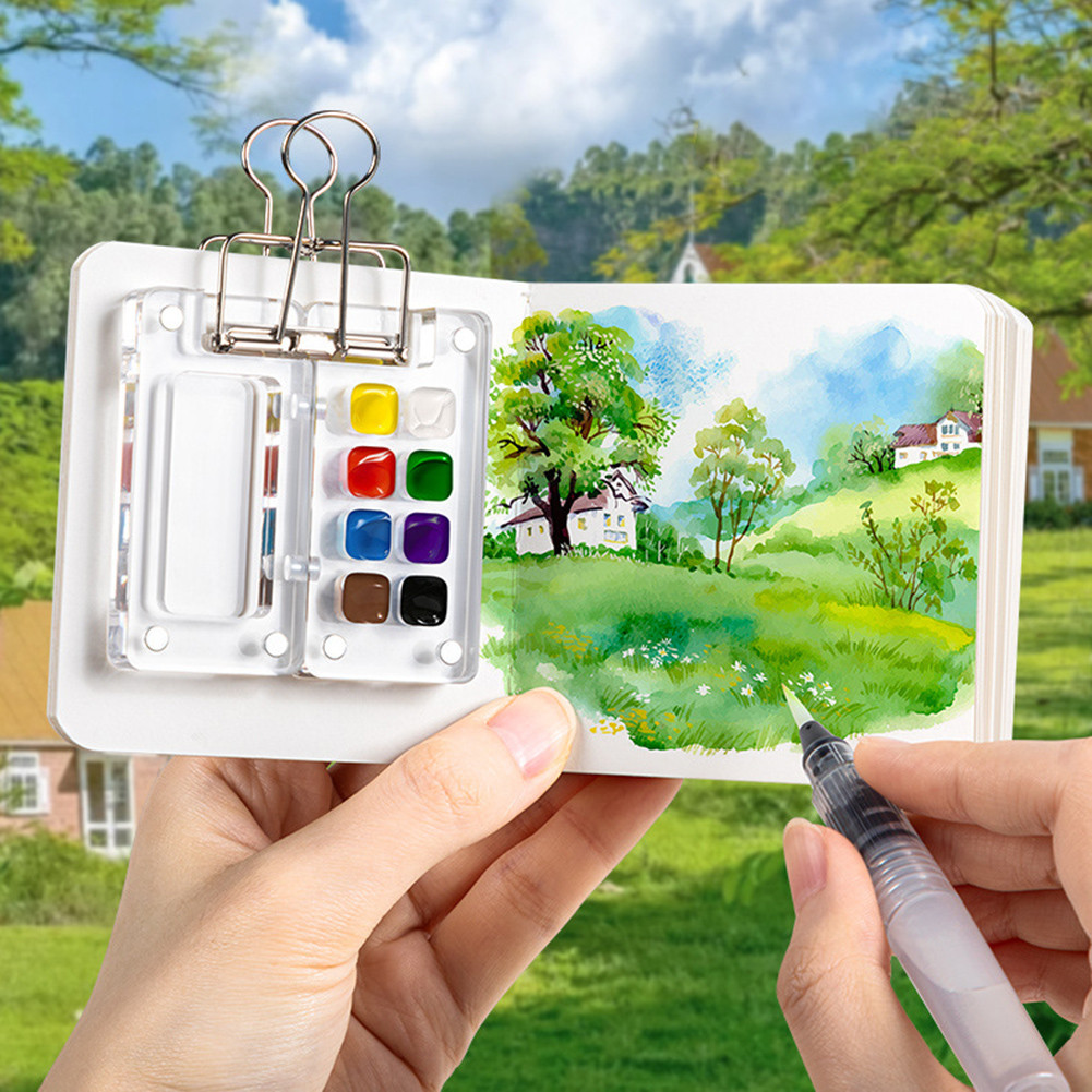 

Mini Portable Watercolor Palette Set for Painters Artists Students Watercolor Brush Travel Paint Palette Acrylic Grid Paint Box