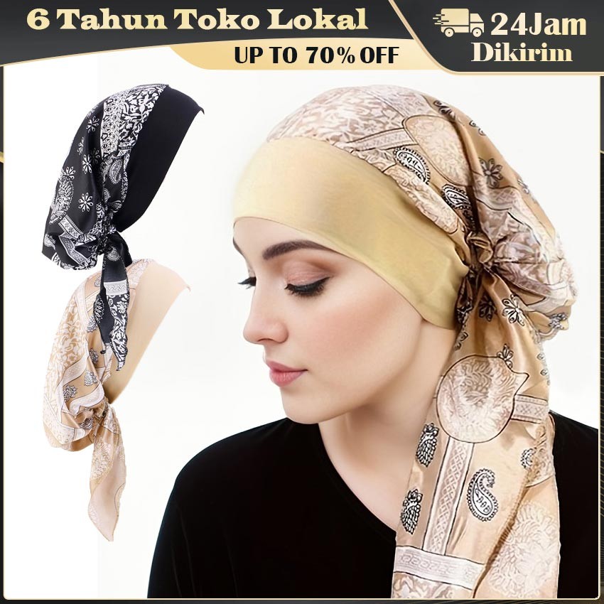 Turban Hijab Instan Korea Motif Batik Modern Bahan Jersey Adem Adjustable Cocok Untuk Wanita Dewasa 