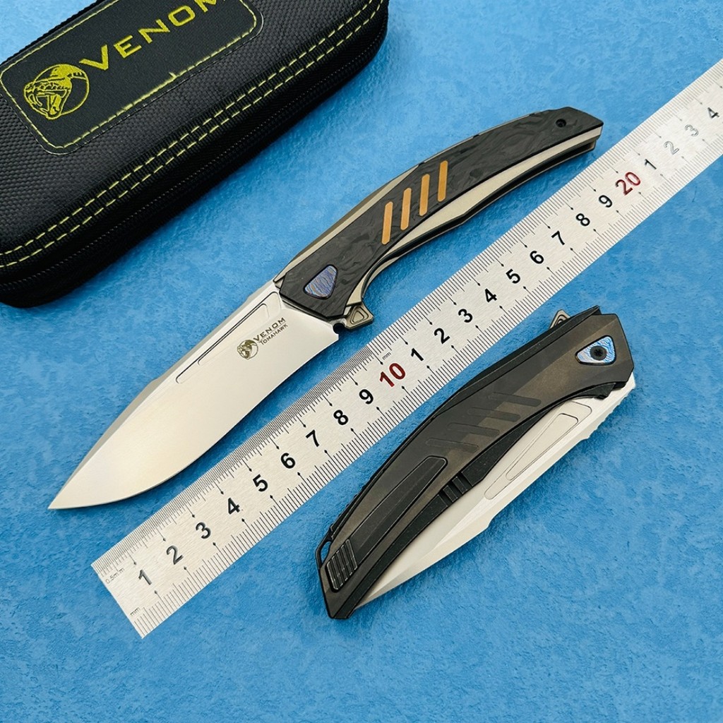 VENOM New War Axe Folding Knife M398 Blade Titanium + CF Handle Outdoor Camping hunting survival Res