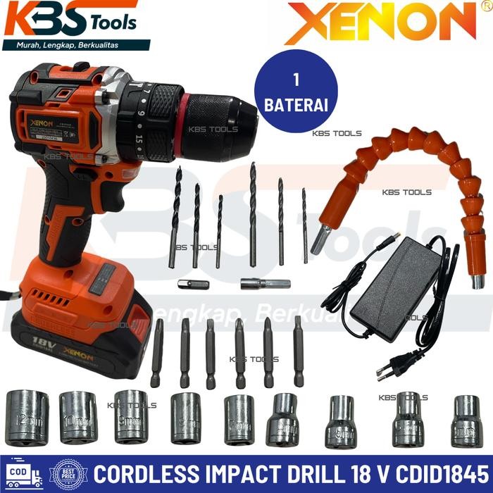 Cordless Drill Impact Mesin Bor Baterai Tembok Beton 18 V Full Set 2 Baterai XENON CDID1845 Bor Port