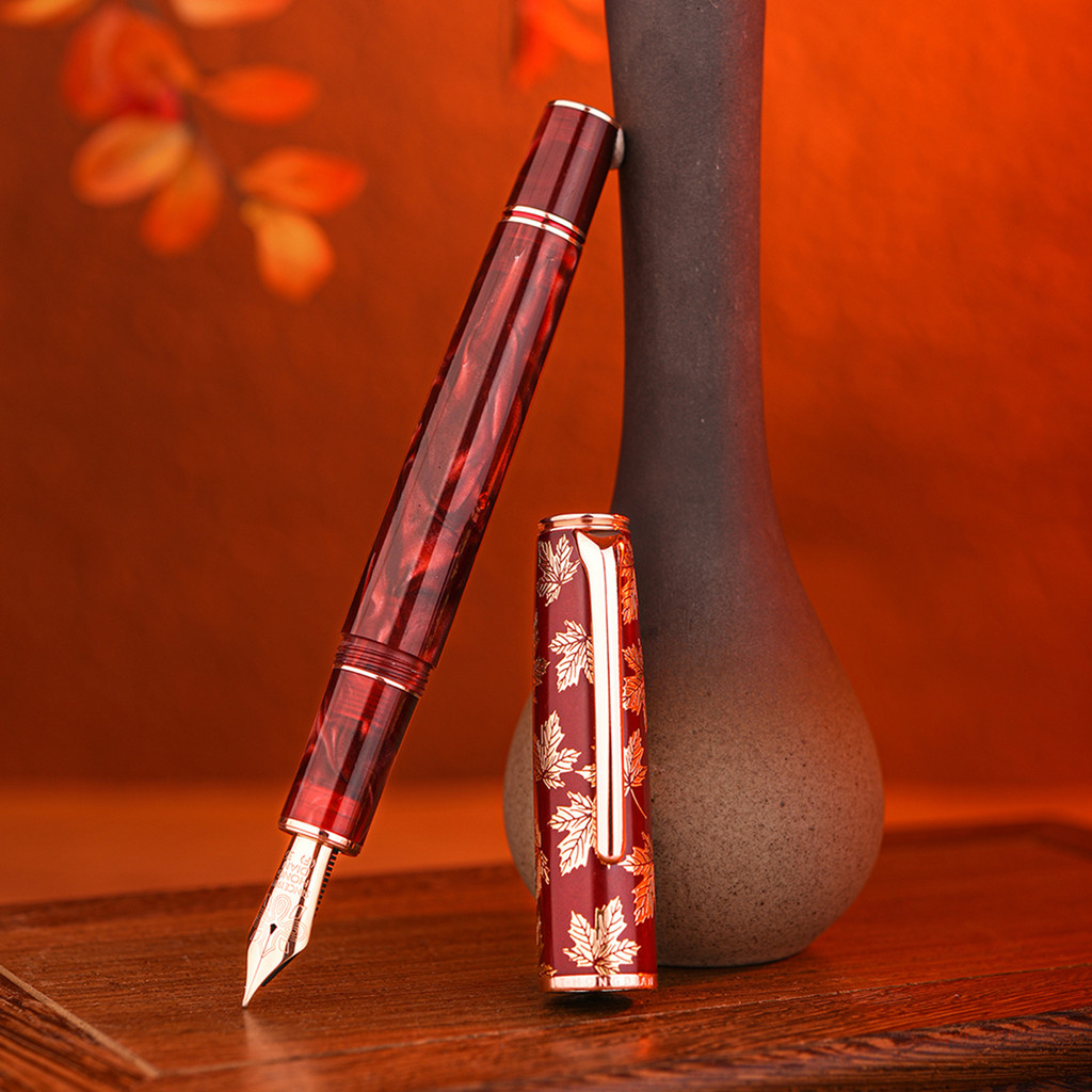 

Hongdian N8 Red Acrylic Resin Fountain Pen EF/F/M//Long Knife Nib Maple Leaf Carving Cap, Rose Gold Trim Writing Pen &Converter
