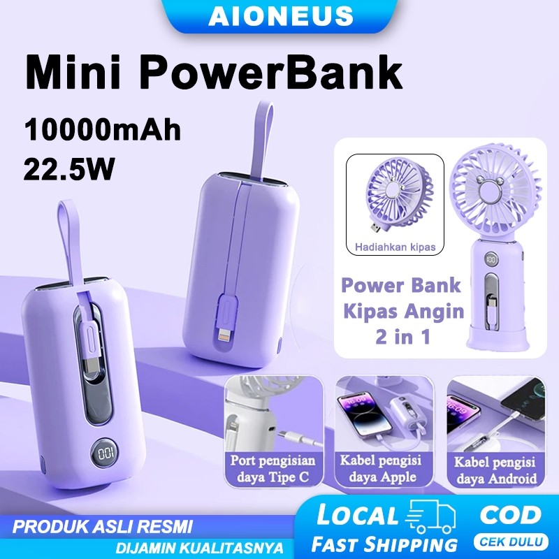 Mini Powerbank Fast Charging 10000 mAh 22.5W With Portable Kipas Angin Power Bank Fast Charging Kabe