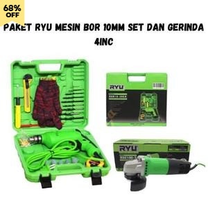 PAKET RYU 2 ITEM - MESIN GERINDA 4" + MESIN BOR 10MM SET 22Pcs ORIGINAL PAKET BOR GERINDA MURAH