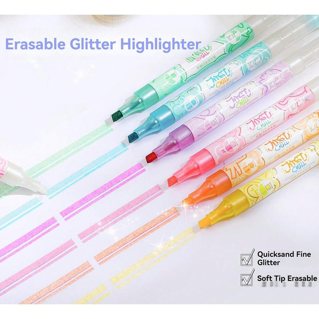 

Kawaii Erasable Glitter Highlighters, 6 Pcs, Double Tips Chisel Tip, Pastel Colors, No Bleed Bible Highlighter Pastel Colors